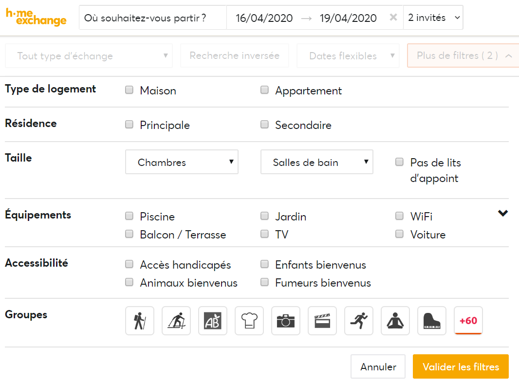 Le filtre de recherche HomeExchange