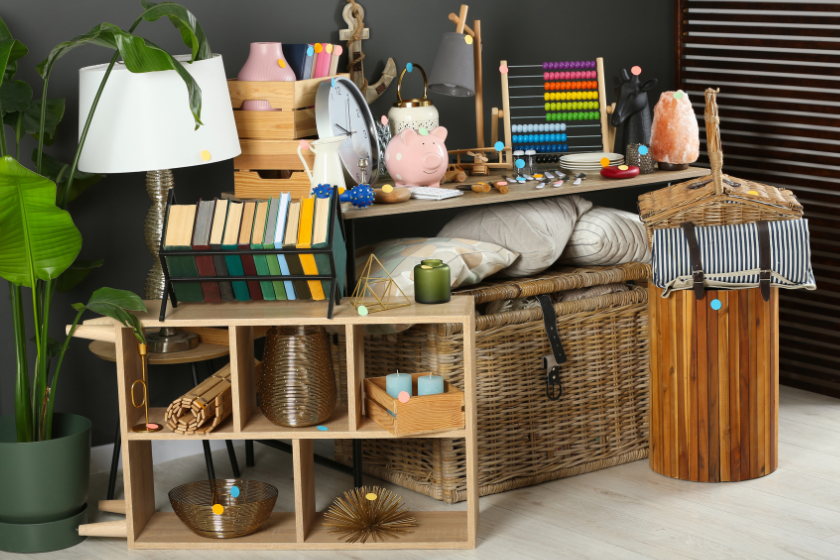 une pièce avec beaucoup d'objets sur une étagère et une plante