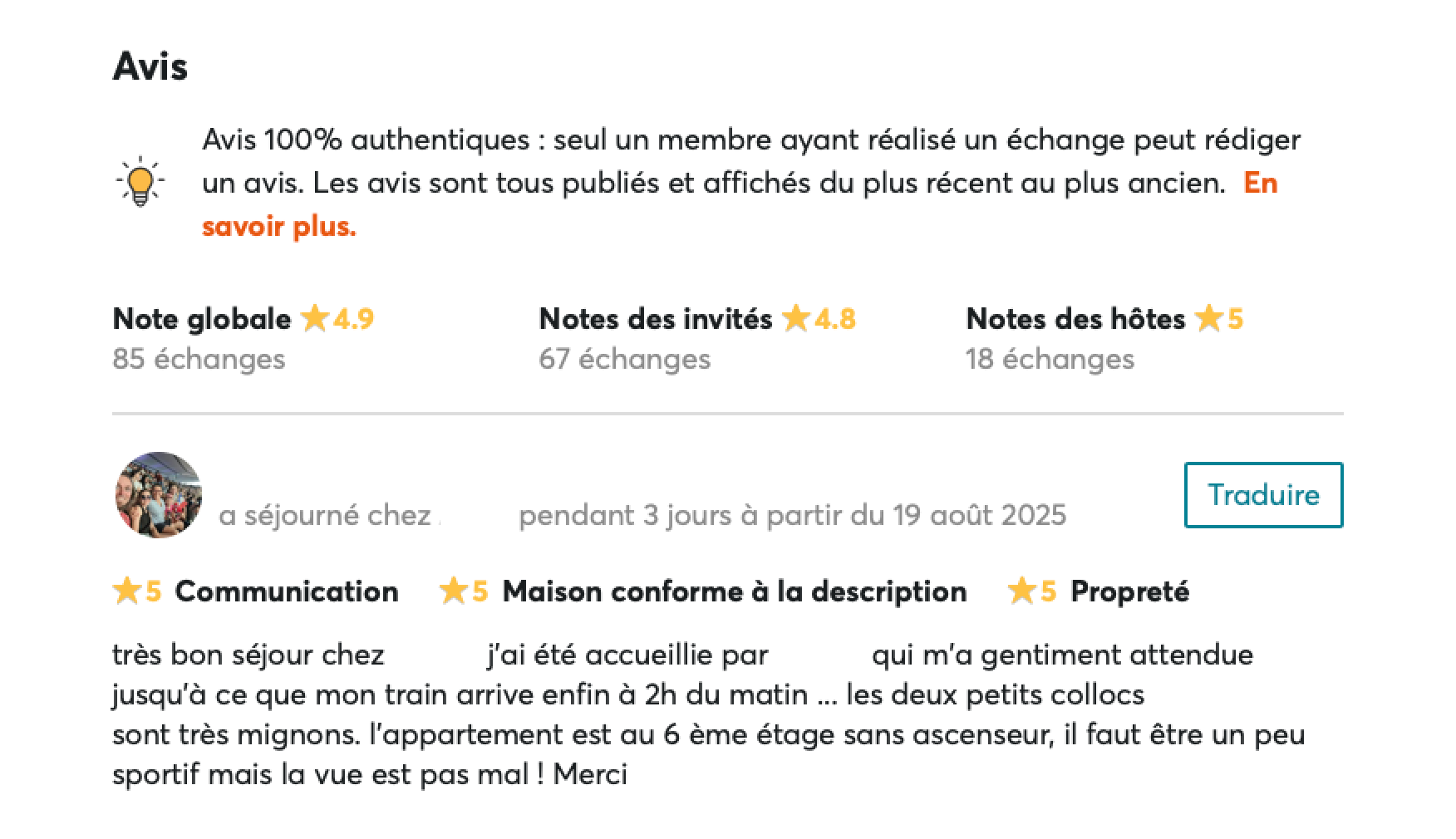 Exemple d'avis laissé sur les profils HomeExchange
